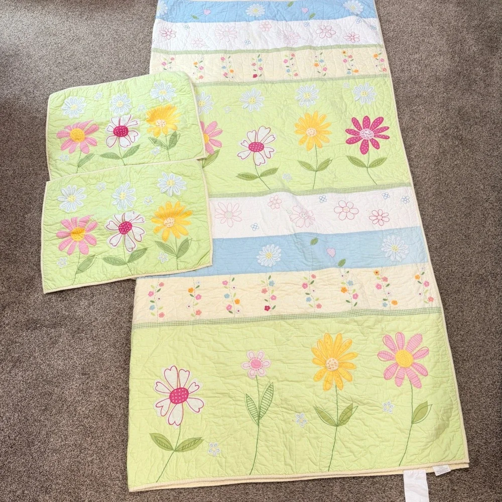 Pottery Barn Kids Floral Daisy Garden Quilt Comforter 2 Shams Full Queen 86 x 86